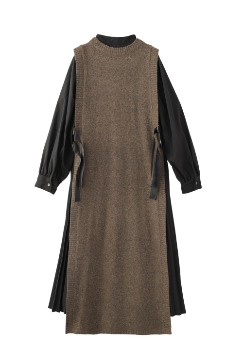 LONG KNIT VEST SET PLEATS DRESS
