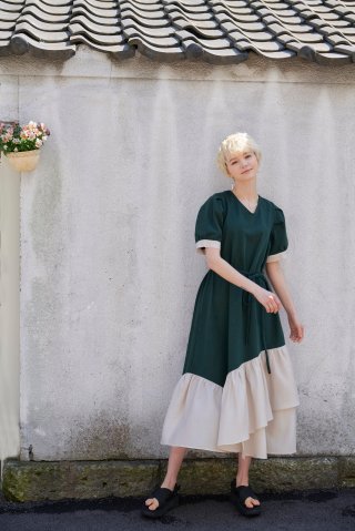 異素材イレヘム配色カットワンピ